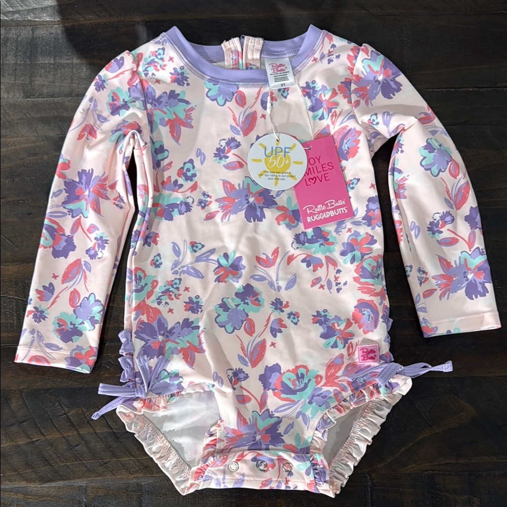 Ruffle Butts Purple and Pink Rashguard Swimwear